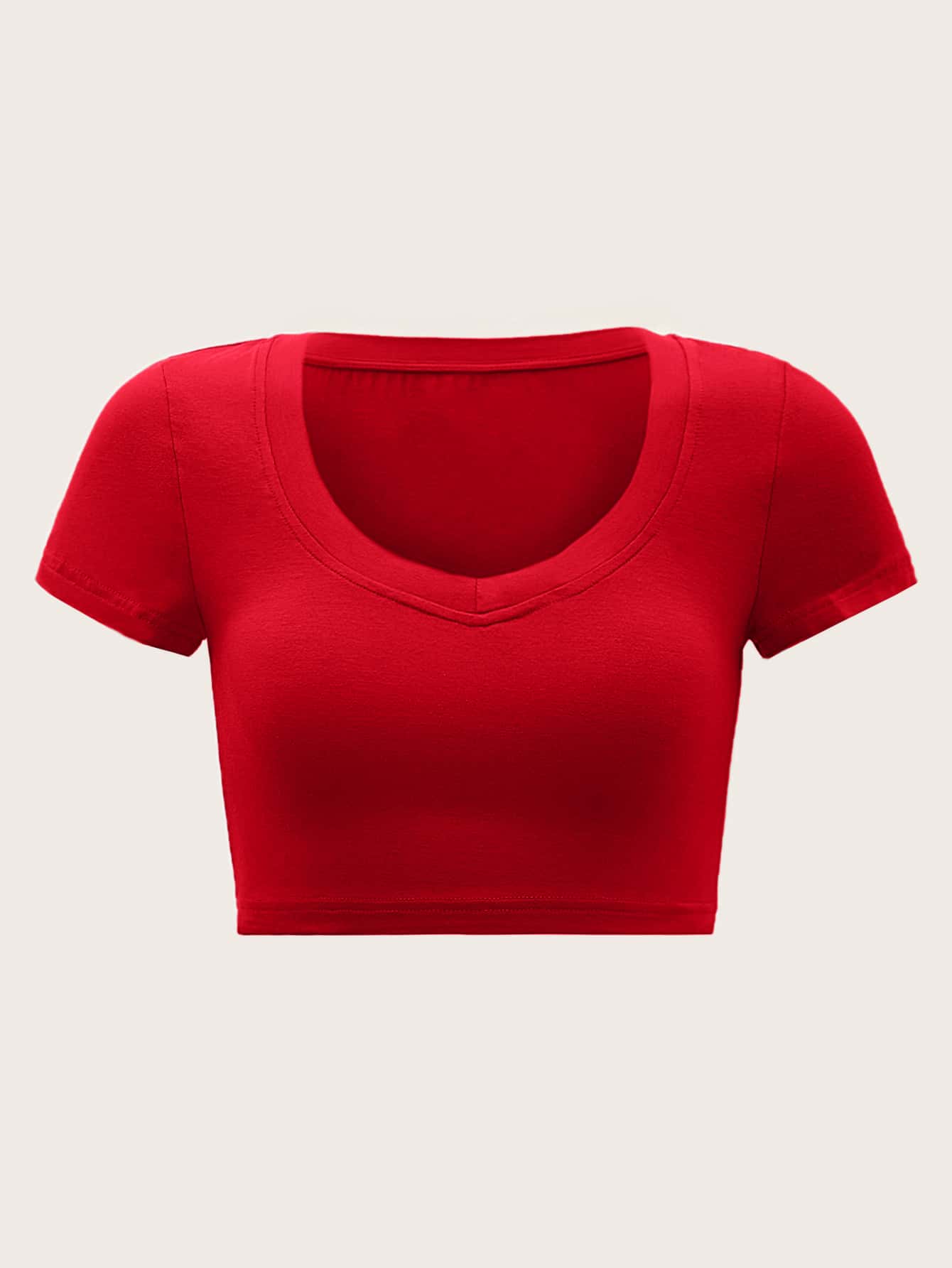 SHEIN EZwear Mùa hè Chất rắn Sáng Đỏ  Cổ chữ V Mùa vụ Thon gọn Tay áo ngắn Áo thun - Đỏ - Xem 1