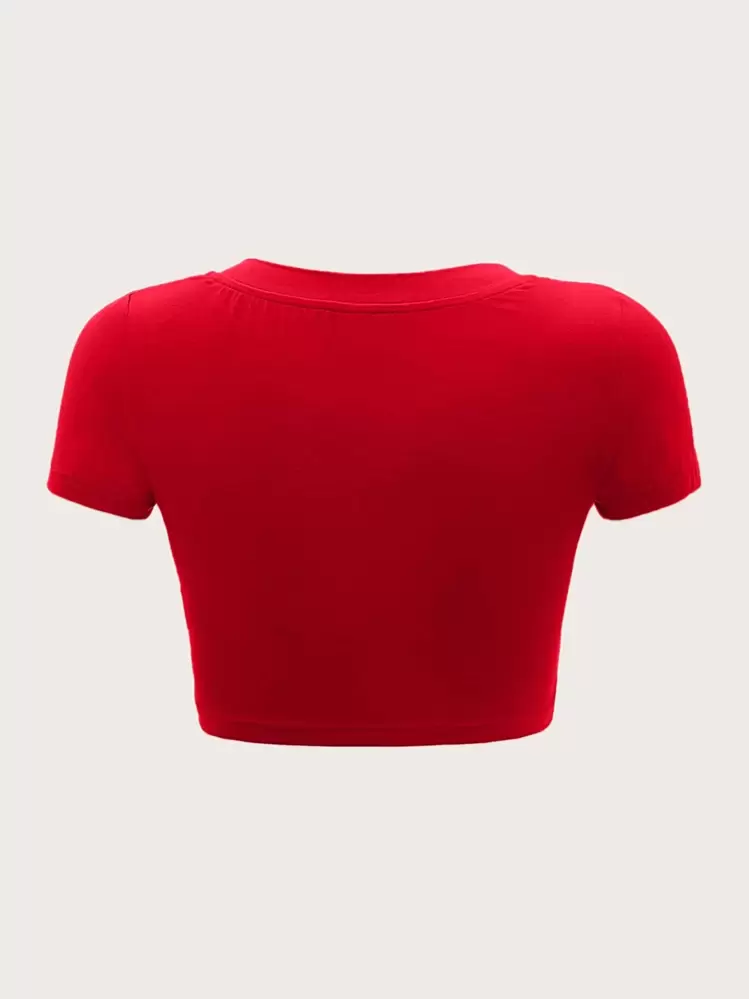 SHEIN EZwear Camiseta De Manga Corta En Verano, Rojo Brillante Sólido, Cuello En V, Ajuste Corto, Ajuste Ajustado - Rojo - Añade 2