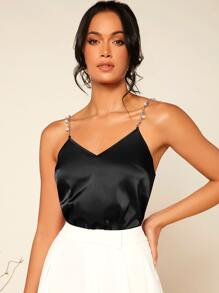 SHEIN BAE 鏈條帶珍珠細節緞面吊帶上衣 - 黑色 - 查看 1