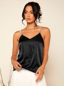 SHEIN BAE 鏈條帶珍珠細節緞面吊帶上衣 - 黑色 - 查看 3