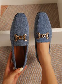 Metal Decor Square Toe Flat Loafers - Blue - View 1