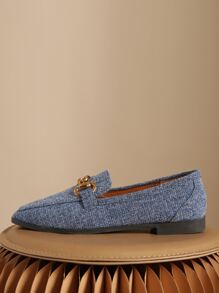 Metal Decor Square Toe Flat Loafers - Blue - View 2