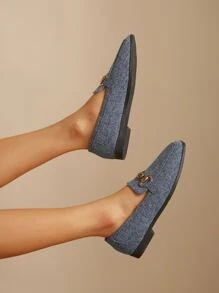 Metal Decor Square Toe Flat Loafers - Blue - View 4