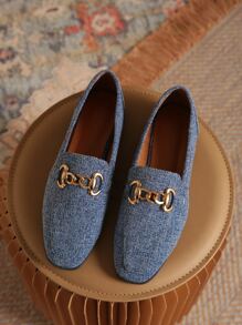 Metal Decor Square Toe Flat Loafers - Blue - View 5