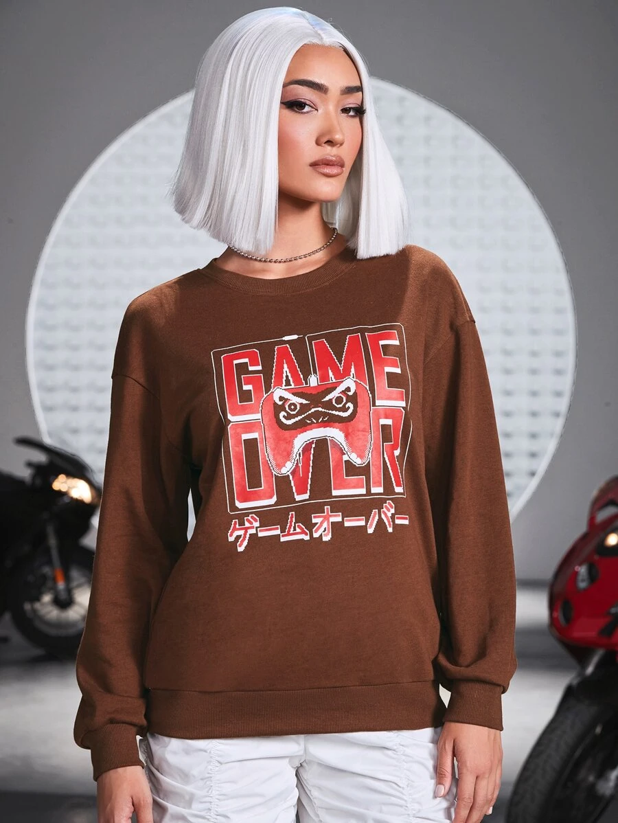 Arts of Win Drop Shoulder Letter & Cartoon Graphic Pullover - Coffee Brown - View 1