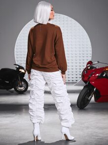 Arts of Win Drop Shoulder Letter & Cartoon Graphic Pullover - Coffee Brown - View 2