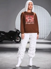 Arts of Win Drop Shoulder Letter & Cartoon Graphic Pullover - Coffee Brown - View 3