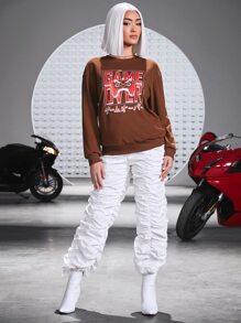 Arts of Win Drop Shoulder Letter & Cartoon Graphic Pullover - Coffee Brown - View 4