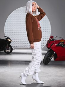 Arts of Win Drop Shoulder Letter & Cartoon Graphic Pullover - Coffee Brown - View 5