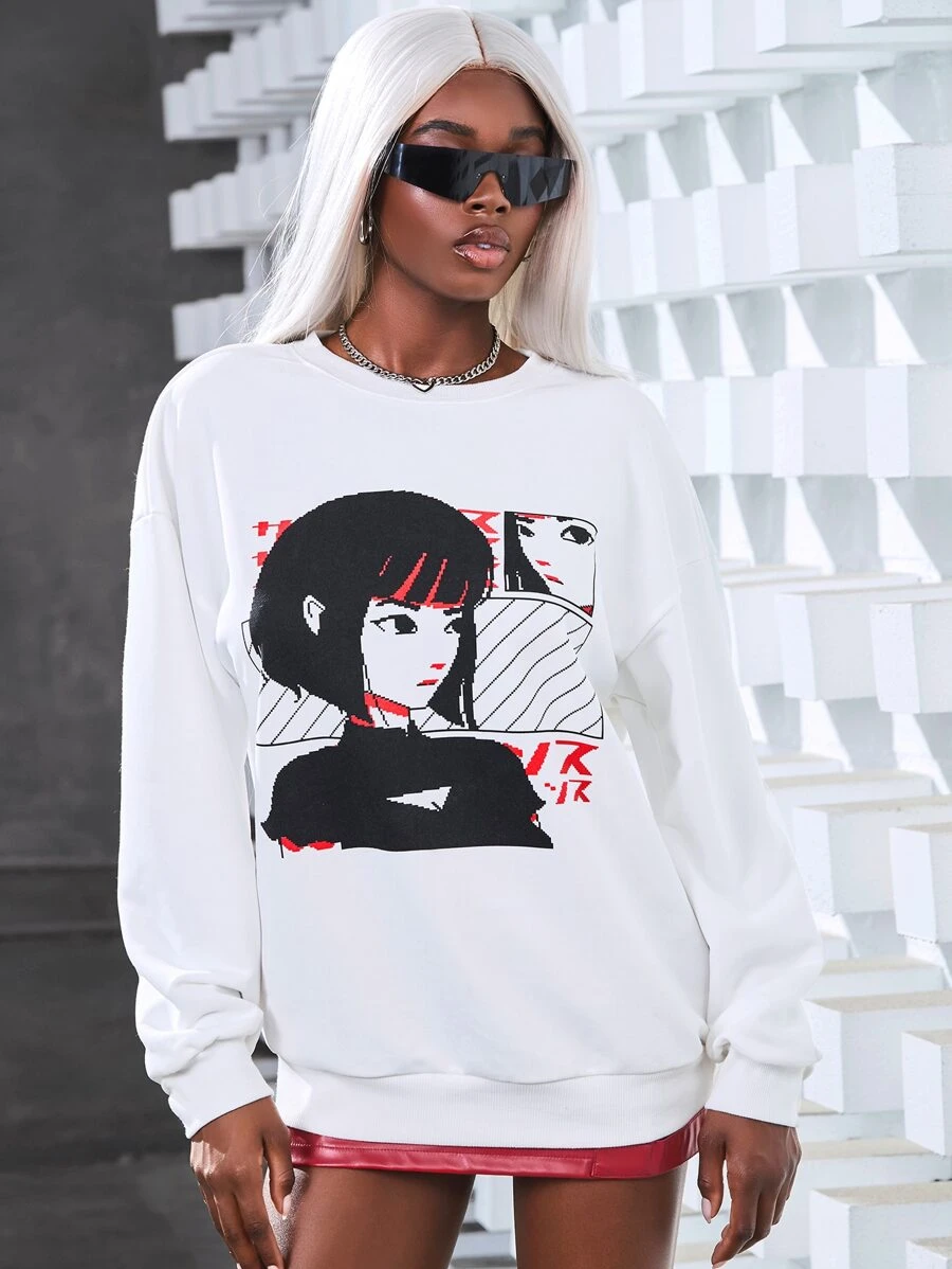 Arts of Win Figure & Letter Graphic Drop Shoulder Sweatshirt - White - View 1