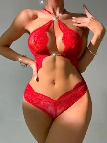 Classic Sexy 鏈條細節鏤空蕾絲性感緊身連體衣 - 紅色 - 查看 1