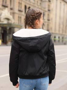 SHEIN 青少年女孩落肩袖連帽保暖夾克 - 黑色 - 查看 2