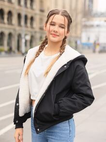 SHEIN 青少年女孩落肩袖連帽保暖夾克 - 黑色 - 查看 6