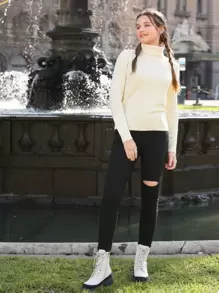 SHEIN 青少年女孩素色高領套頭毛衣 - 米色 - 查看 4