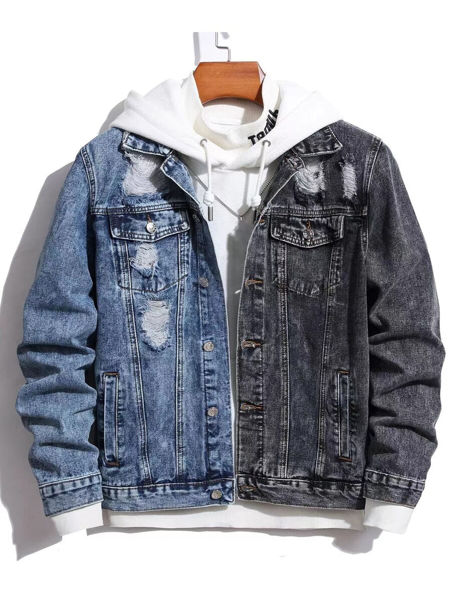 Manfinity EMRG Men Two Tone Ripped Flap Pocket Denim Jacket Without Hoodie - Multicolor - View 1