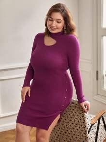 SHEIN Frenchy Plus Cut Out Button Detail Split Hem Jumper Dress - Red Violet - View 2