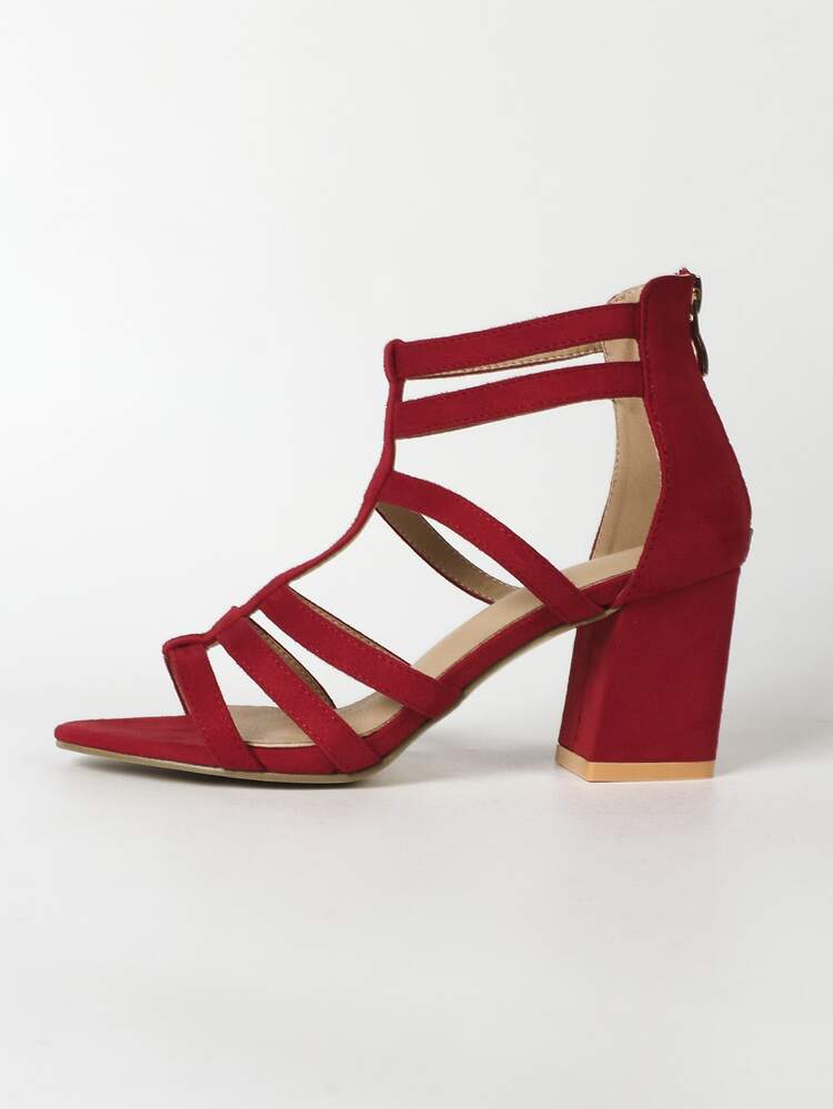 Neon Red Suedette Chunky Heeled Gladiator Sandals - Burgundy - View 3