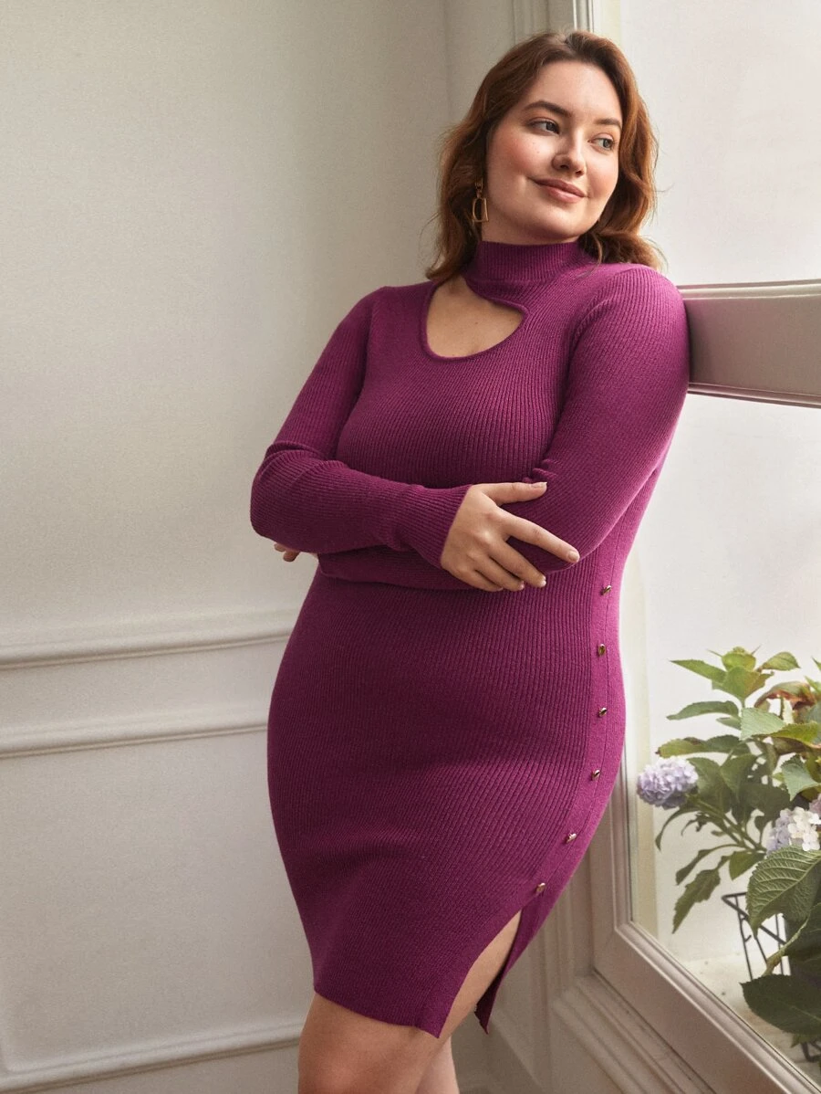 SHEIN Frenchy Plus Cut Out Button Detail Split Hem Jumper Dress - Red Violet - View 1