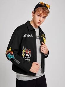 Manfinity 男士標語和卡通臉圖案夾克 - 黑色 - 查看 5