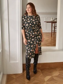 SHEIN Frenchy Plus Allover Floral Print Ruched Split Hem Dress - Multicolor - View 1