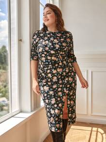 SHEIN Frenchy Plus Allover Floral Print Ruched Split Hem Dress - Multicolor - View 2