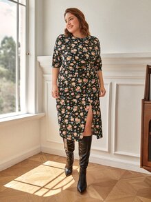SHEIN Frenchy Plus Allover Floral Print Ruched Split Hem Dress - Multicolor - View 4