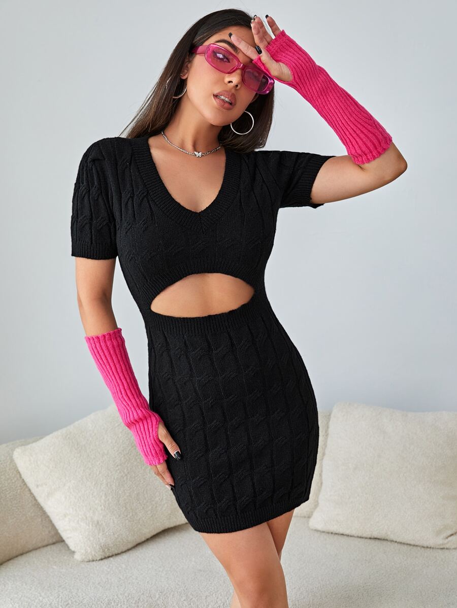 SHEIN ICON Ladies áo len váy Cắt ra Khối Màu Gợi cảm - màu đen - Xem 1