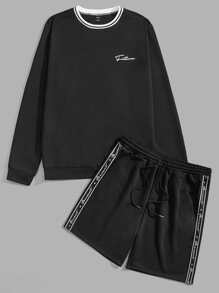 GENTILAND 男士字母圖案條紋飾邊運動衫和腰部抽繩短褲 - 黑色 - 查看 1