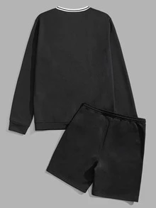 GENTILAND 男士字母圖案條紋飾邊運動衫和腰部抽繩短褲 - 黑色 - 查看 2