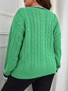 Calvaya Plus Striped Trim Cable Knit Drop Shoulder Jumper - Green - View 2