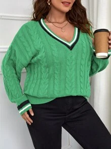 Calvaya Plus Striped Trim Cable Knit Drop Shoulder Jumper - Green - View 4