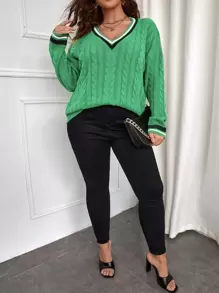 Calvaya Plus Striped Trim Cable Knit Drop Shoulder Jumper - Green - View 5