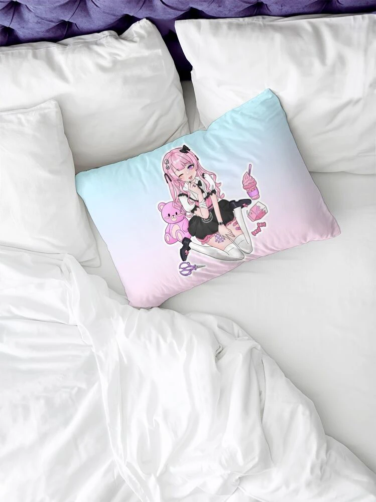 ROMWE Anime 1 pieza Funda de cojín sin relleno con estampado de oso & figura de dibujos animados - Multicolor - Añade 2