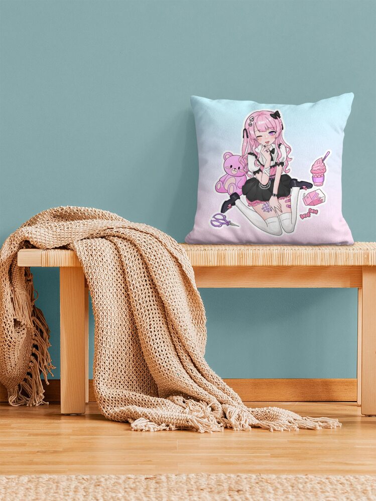 ROMWE Anime 1 pieza Funda de cojín sin relleno con estampado de oso & figura de dibujos animados - Multicolor - Añade 5