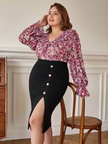 SHEIN Frenchy Plus Button Detail Split Thigh Knit Skirt - Black - View 3