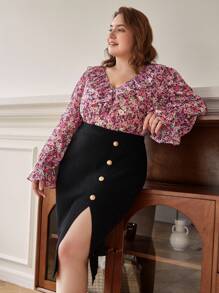 SHEIN Frenchy Plus Button Detail Split Thigh Knit Skirt - Black - View 7