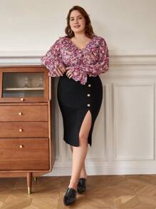 SHEIN Frenchy Plus Button Detail Split Thigh Knit Skirt - Black - View 8