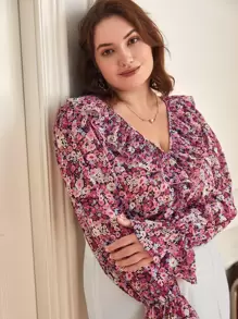 SHEIN Frenchy Plus Allover Floral Print Ruffle Trim Blouse - Multicolor - View 1
