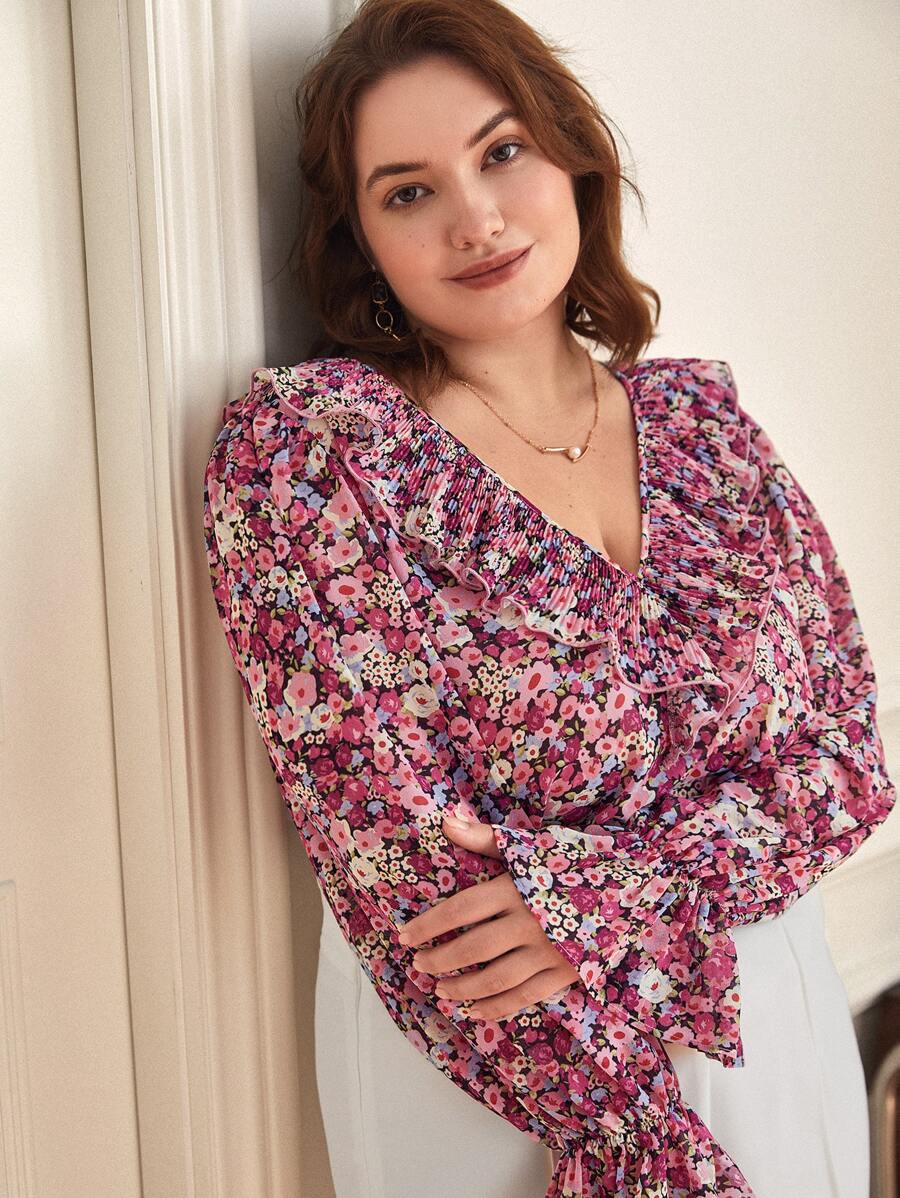 SHEIN Frenchy Plus Allover Floral Print Ruffle Trim Blouse - Multicolor - View 1