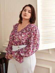 SHEIN Frenchy Plus Allover Floral Print Ruffle Trim Blouse - Multicolor - View 3