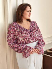 SHEIN Frenchy Plus Allover Floral Print Ruffle Trim Blouse - Multicolor - View 5