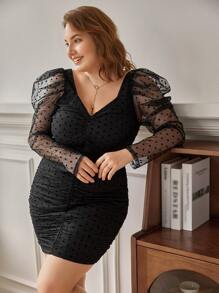 SHEIN Frenchy Plus Gigot Sleeve Ruched Dobby Mesh Overlay Dress - Black - View 3