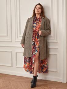 SHEIN Frenchy Plus Houndstooth Double Breasted Coat - Multicolor - View 2