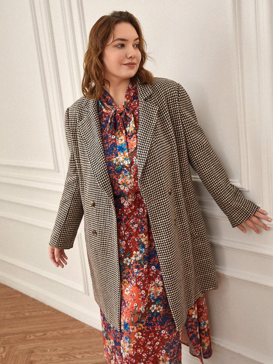 SHEIN Frenchy Plus Houndstooth Double Breasted Coat - Multicolor - View 1