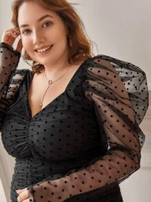 SHEIN Frenchy Plus Gigot Sleeve Ruched Dobby Mesh Overlay Dress - Black - View 9