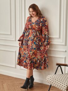 SHEIN Frenchy Plus Floral Print Lantern Sleeve Ruffle Hem Dress - Multicolor - View 3