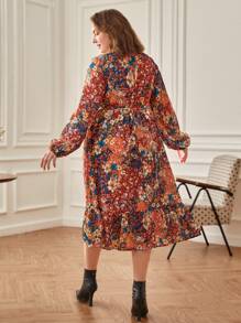 SHEIN Frenchy Plus Floral Print Lantern Sleeve Ruffle Hem Dress - Multicolor - View 4
