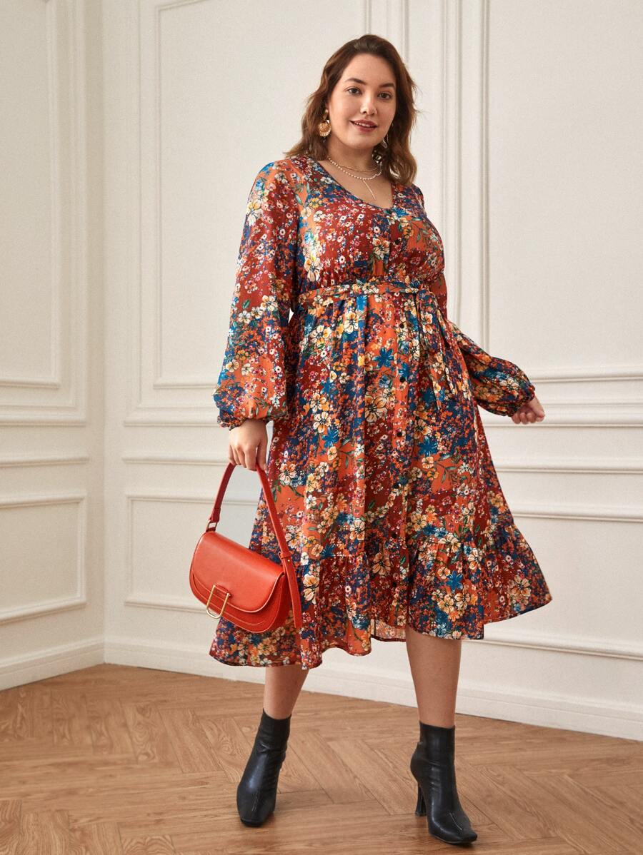 SHEIN Frenchy Plus Floral Print Lantern Sleeve Ruffle Hem Dress - Multicolor - View 1