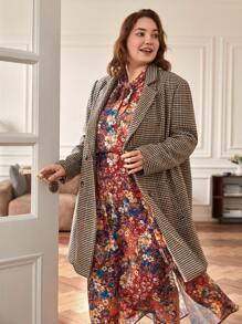SHEIN Frenchy Plus Houndstooth Double Breasted Coat - Multicolor - View 9