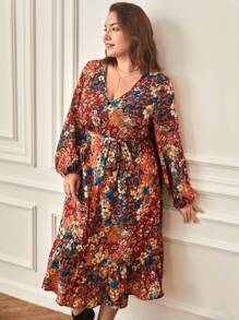 SHEIN Frenchy Plus Floral Print Lantern Sleeve Ruffle Hem Dress - Multicolor - View 7